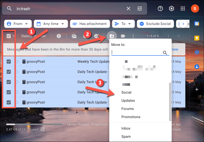 Presúvanie e-mailov mimo priečinka koša Gmailu