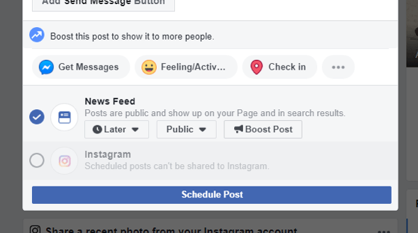 Ako cross-post na Instagram z Facebooku na pracovnej ploche, príklad možnosti cross-post na Instagram už nie je k dispozícii pri plánovaní príspevku na Facebooku
