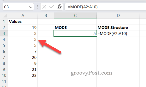Výsledok vzorca MODE v Exceli
