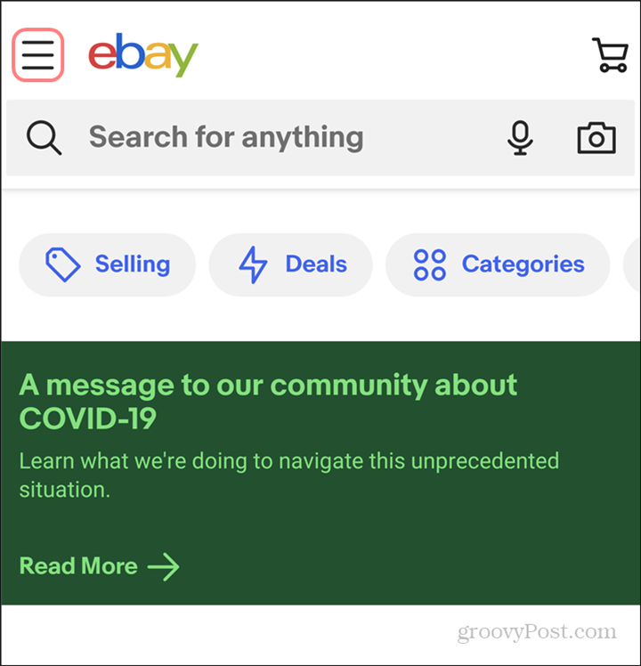 ebay menu v tmavom režime