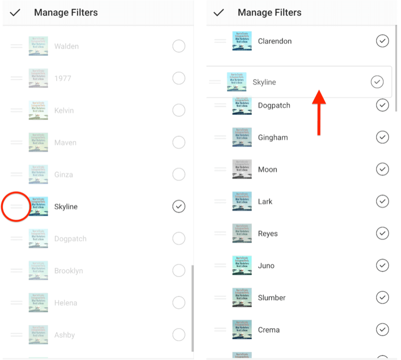 spravovať možnosti ponuky filtrov instagramov, ktoré zobrazujú dvojité vodorovné pruhy výberu vedľa povolení filtrov ich poradie a zobrazenie filtra panorámy presunutého do hornej časti výberu filtra zoznam
