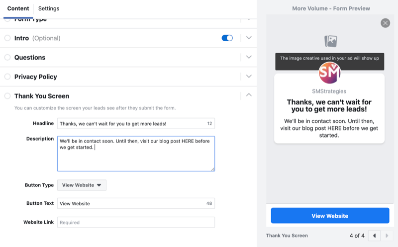 nastaviť obrazovku s poďakovaním pre formulár na generovanie potenciálnych zákazníkov z Facebooku