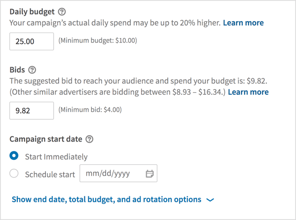 Vyberte denný rozpočet, zadajte cenovú ponuku a vyberte dátumy začiatku svojej kampane.