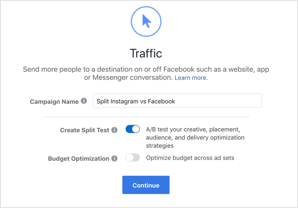 Pridajte názov kampane a vyberte možnosť Vytvoriť test rozdelenia pre kampaň Facebook Traffic