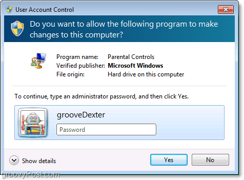 rodičovskú kontrolu môžete v systéme Windows 7 prepísať zadaním hesla správcu