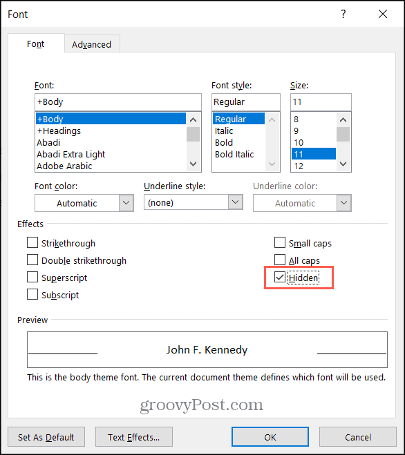 Začiarknite políčko Skrytý text v programe Microsoft Word vo Windows