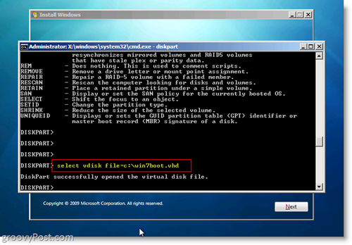 Windows 7 Native VHD Inštalácia Dual Boot Vyberte VHD z CMD Prompt