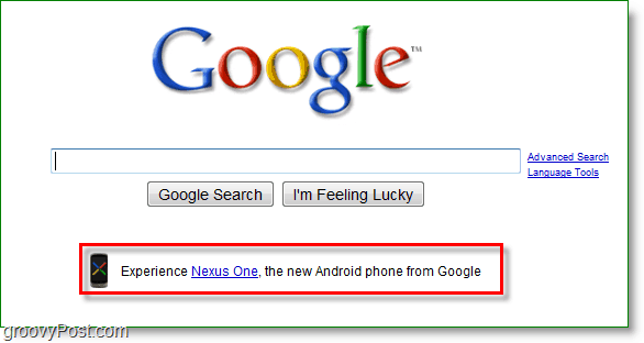 Nexus one sa inzeruje na domovskej stránke Google.
