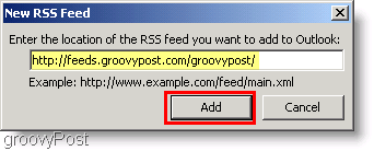 Screenshot Microsoft Outlook 2007 - Zadajte nový kanál RSS