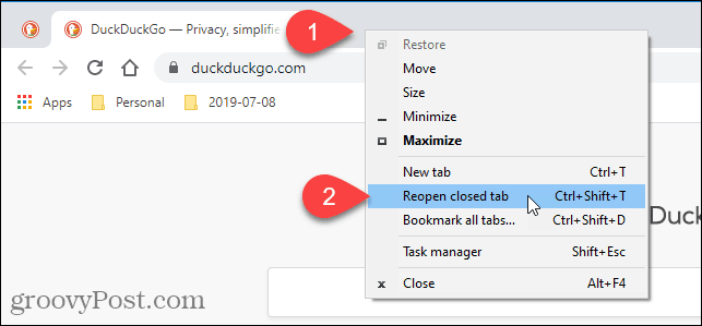 V prehliadači Chrome vyberte možnosť Znovu otvoriť zatvorenú kartu