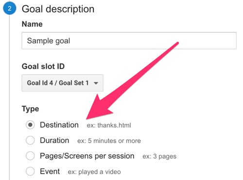 vyberte cieľ ako typ cieľa v službe Google Analytics