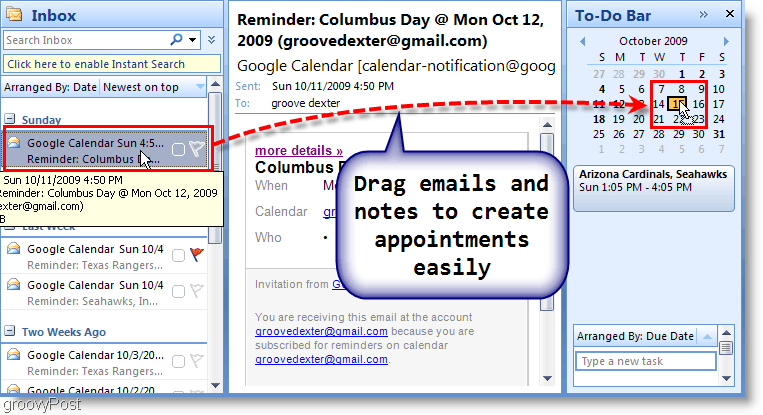Panel úloh programu Outlook 2007 - presuňte e-mail do kalendára