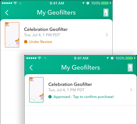 Po schválení vášho geofiltru Snapchat sa jeho stav zobrazí ako schválený na obrazovke Moje geofiltre.