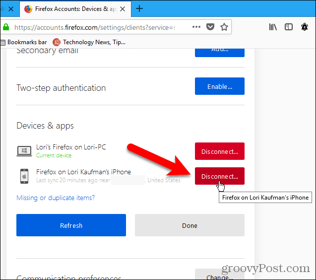 Odpojte zariadenie pomocou prehliadača Firefox pre Windows