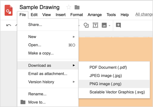 Vyberte Súbor> Stiahnuť ako> Obrázok PNG (.png) a stiahnite si svoj návrh Kresby Google.