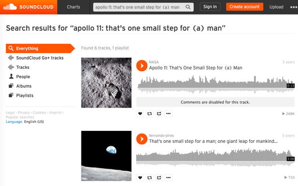 Vyhľadajte mediálne súbory NASA na SoundCloude, aby ste našli a stiahli zvuk ikonických historických okamihov, ako je prvá prechádzka po Mesiaci.