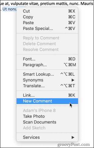 Kliknutím pravým tlačidlom myši vložíte komentár do programu Word
