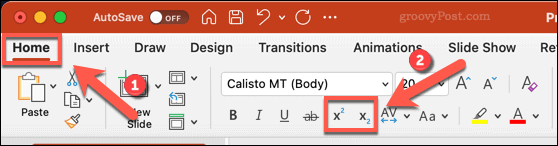 Ikony na zmenu textu na dolný alebo horný index v PowerPointe pre Mac