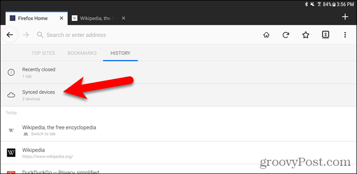 V prehliadači Firefox pre Android klepnite na Synchronizované zariadenia