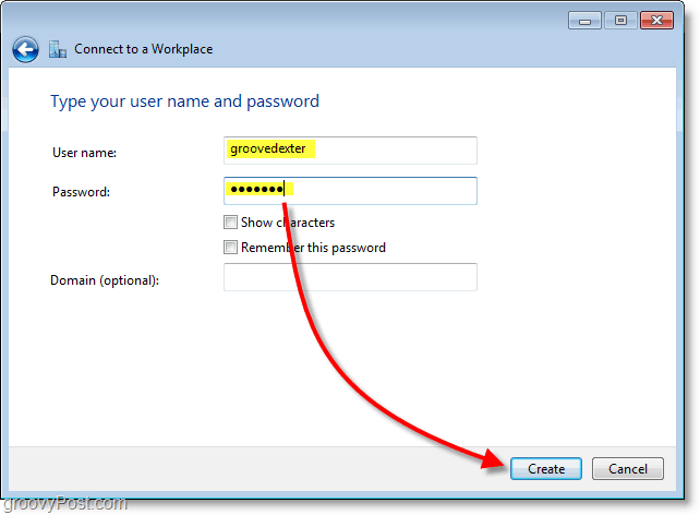 zadajte svoje užívateľské meno a heslo a potom vytvorte pripojenie v systéme Windows 7