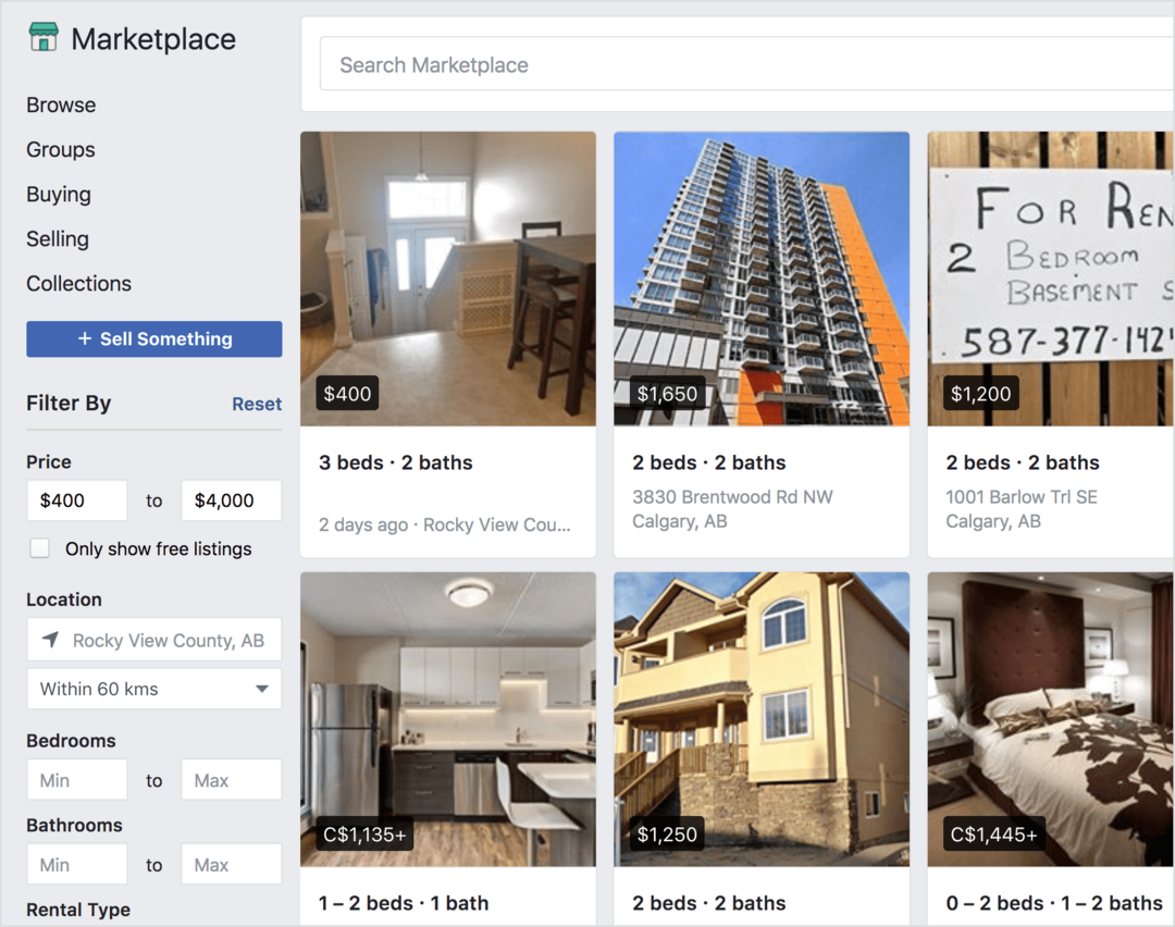 Facebook Marketplace ponúka na predaj nehnuteľnosti na prenájom.