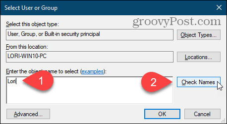 Kliknutím na Skontrolovať mená zadáte meno používateľa v dialógovom okne Vybrať používateľa alebo skupinu v registri Windows