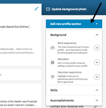 Pridajte novú sekciu zo svojho profilu LinkedIn alebo pravého bočného panela.