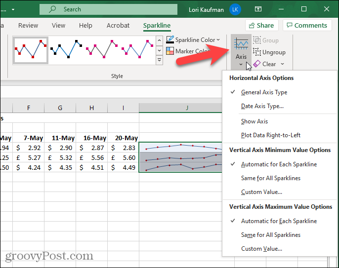 Tlačidlo Os na karte Sparkline v programe Excel