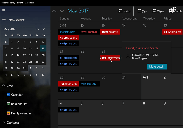 Aplikácia Kalendár systému Windows 10