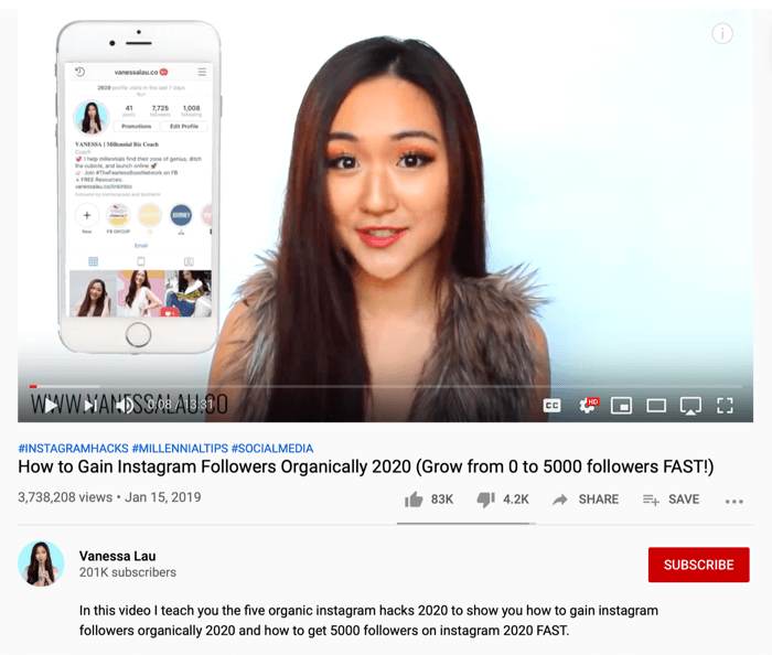 Vanessa Lau YouTube video o organických hackoch Instagramu