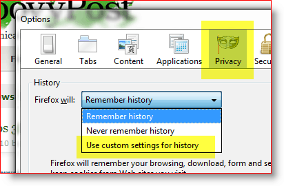 Firefox - použite vlastné nastavenia pre históriu