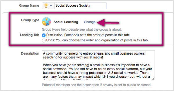 Kliknite na odkaz Zmeniť vedľa existujúcej klasifikácie typov skupín a vyberte Sociálne učenie.