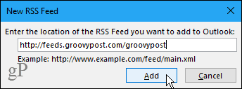 Nové dialógové okno RSS Feed v programe Outlook