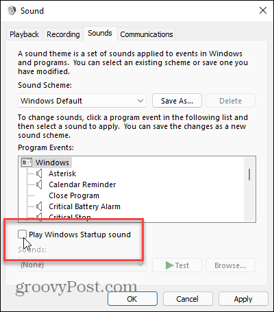 Prehrať zvuk pri spustení systému Windows Windows 11