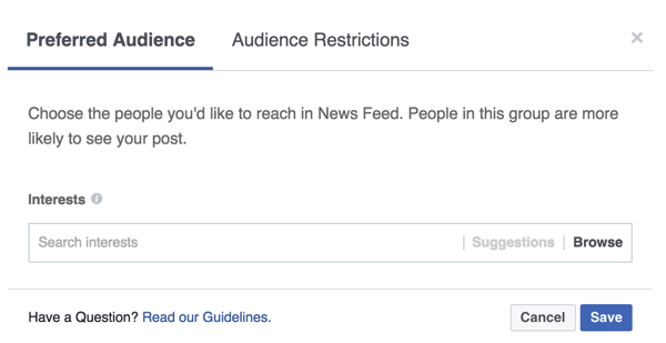 Pridajte značky záujmov, ktoré odrážajú ľudí, ktorých chcete svojím príspevkom na Facebooku osloviť.