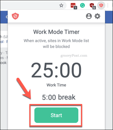 Spustenie časovača pracovného režimu BlockSite