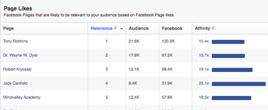 Audience Insights Facebooku poskytuje zoznam stránok, ktoré by sa vášmu publiku mohli páčiť na základe jeho záujmov. 
