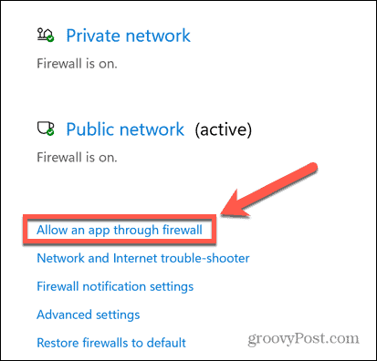 Windows firewall umožňuje aplikáciu