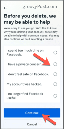 Výber odstránenia účtu Facebook na mobilnom zariadení