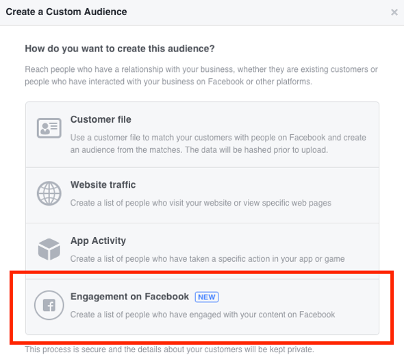 Vyberte typ angažovanosti na Facebooku ako typ vlastného publika, ktoré chcete vytvoriť.