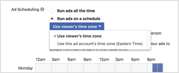 Vyberte pre kampaň na Facebooku možnosť Použiť časové pásmo prehliadača.