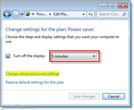 upravte základné nastavenia úsporného režimu systému Windows 7 a kliknutím na pokročilý odkaz upravte rozšírené nastavenia