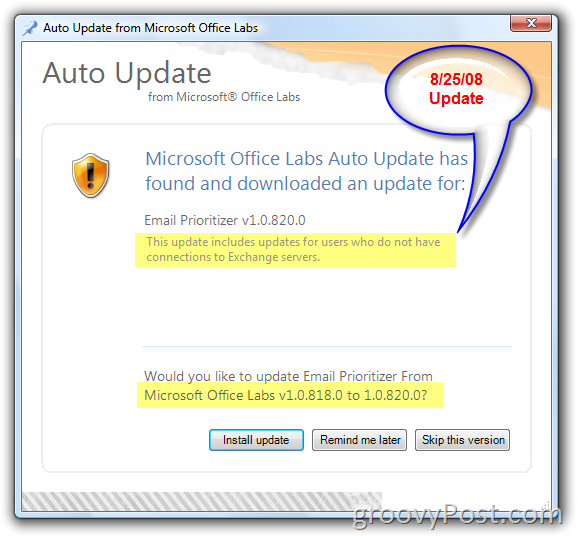 Screenshot automatickej aktualizácie Microsoft Office Labs:: groovyPost.com