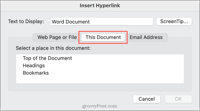 Odkaz na umiestnenie dokumentu v programe Word v systéme Mac