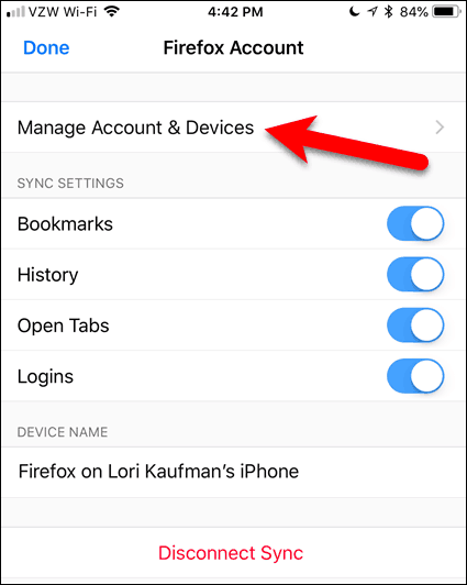 V prehliadači Firefox pre iOS klepnite na Spravovať účet a zariadenia