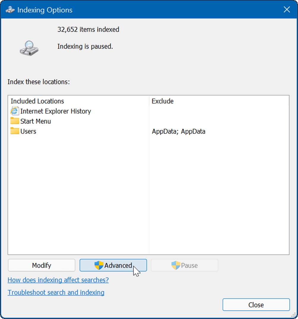 Rozšírené možnosti indexovania skryjú súbory a priečinky pred vyhľadávaním v systéme Windows 11