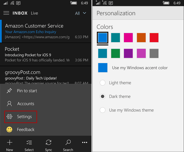 Aplikácia Outlook Mail a Kalendár v systéme Windows 10 Mobile získava temnú tému