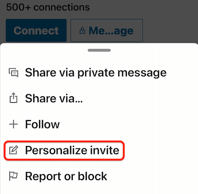 linkedin mobilný profil viac... ponuka so zvýraznenou možnosťou „prispôsobiť pozvanie“