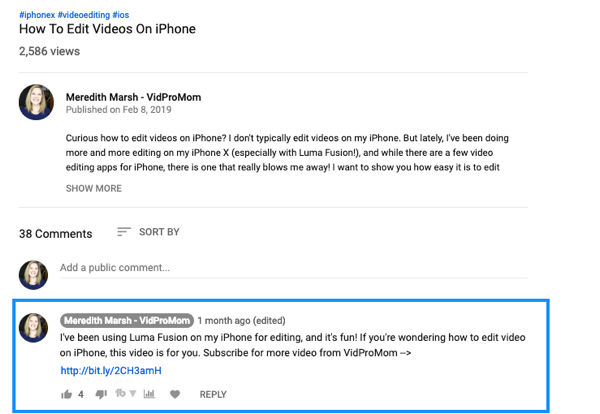 Ako používať sériu videí na rozšírenie vášho kanála YouTube, príklad pripnutého komentára k videu na YouTube s odkazom od Meredith Marshovej