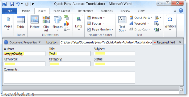 upraviť vlastnosti dokumentu na paneli dokumentov v aplikácii Word 2010